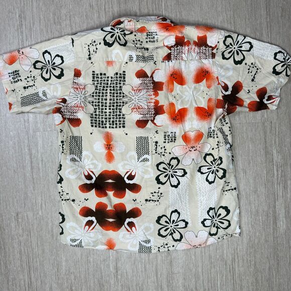 Pineapple Connection Hawaiian Button Up Shirt Orange Blossom Men L Beige Polo - Picture 2 of 6